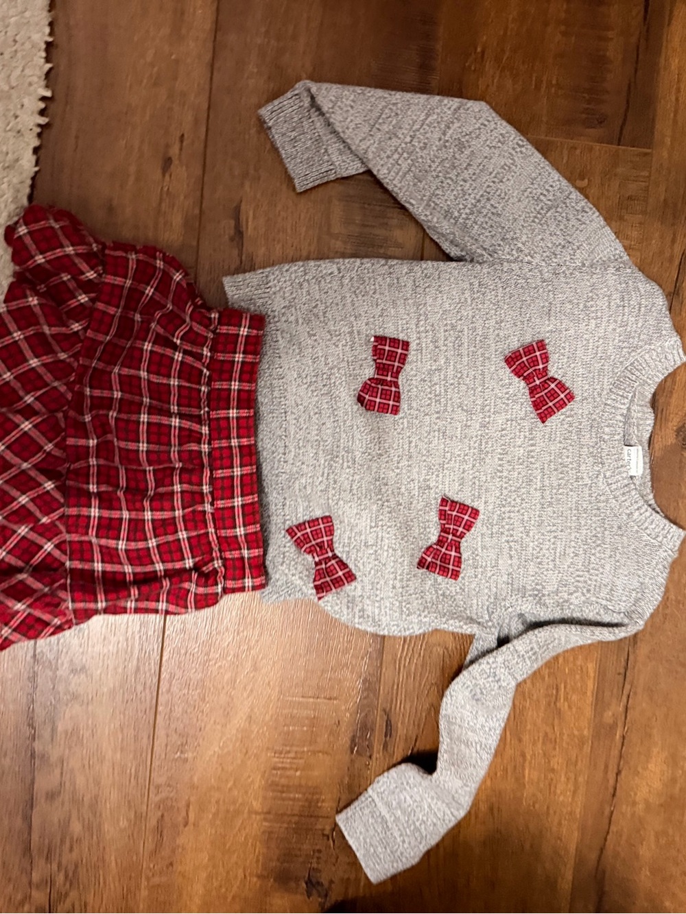 Carter's Gray Knit Sweater with Red Plaid Bow Appliqués